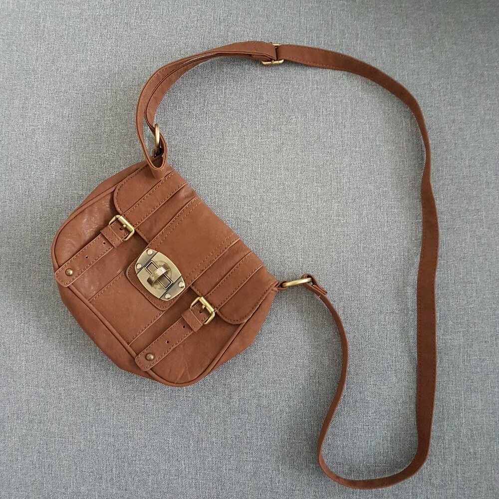(2for$10) d-fusion Cognac Saddle Crossbody Bag Turnlock Flap Faux Leather